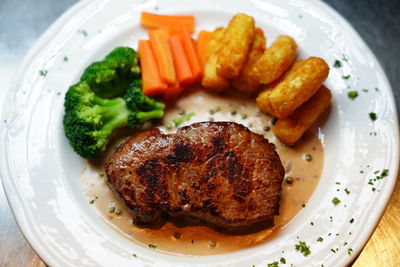 High angle view of food in plate on table