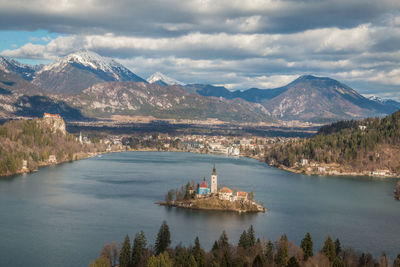 Scenic view of lake and mountains against sky