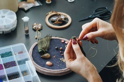 High angle view of woman working on table