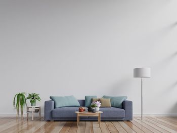 Potted plant on table by sofa against wall at home