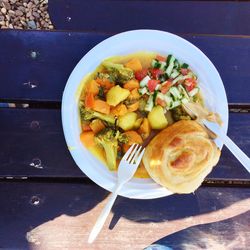 High angle view of meal served on table