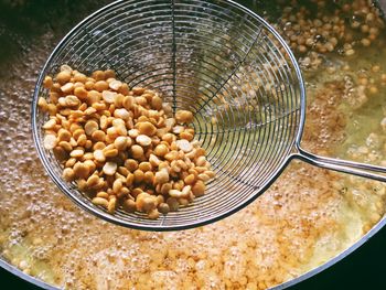 High angle view of eggs in container