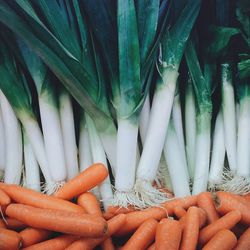 Close-up of carrots and leeks in market