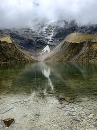 Scenic view of lake by mountains against sky