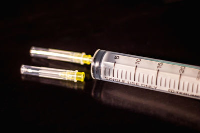 Close-up of syringe on black background