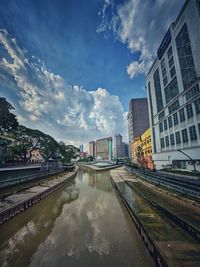 Canal by buildings in city against sky