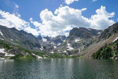 Scenic view of mountains and lake against sky