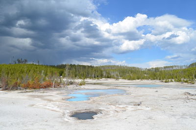 Spring in yellowstone - storm clouds over opalescent springs in the norris geyser basin back basin