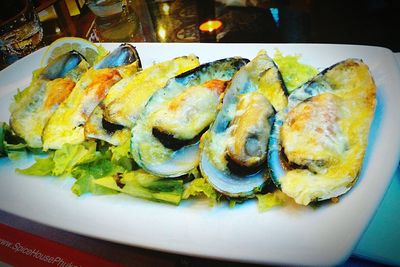 Close-up of seafood in plate on table