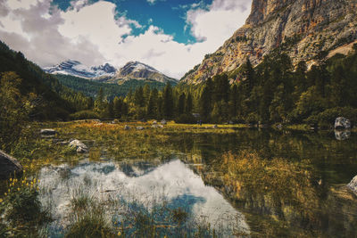 Scenic view of lake by mountains against sky