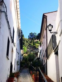 Walkway amidst houses against clear sky