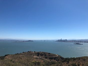 Scenic view of sea against clear blue sky