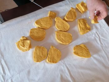 High angle view of person preparing food