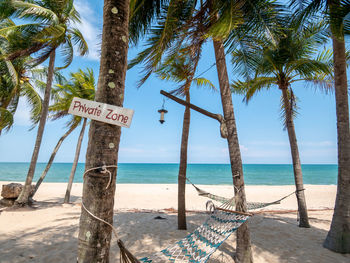 Information sign on palm tree by sea against sky