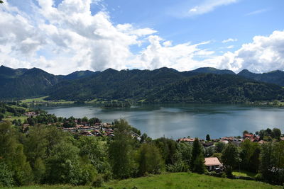 Scenic view of lake and mountains against sky