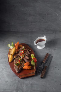 High angle view of food in plate on table