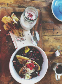 High angle view of breakfast served on table