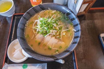 High angle view of soup in bowl on table