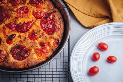 High angle view of pizza on table