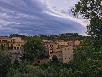 Houses by trees against sky