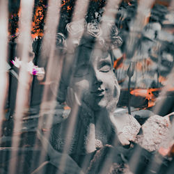 Close-up of decorations hanging outside building