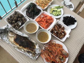 High angle view of meal served on table