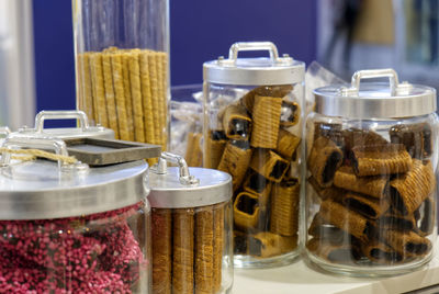 Composition of glass jars with ice cream treats