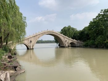 Arch bridge over river against sky