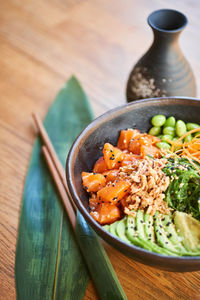 High angle view of meal served on table