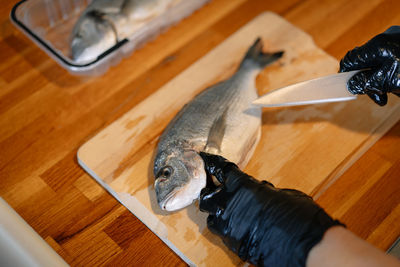 High angle view of person cleaning fish on kitchen counter