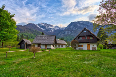 Houses on field against sky