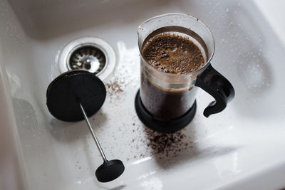 High angle view of coffee maker in sink