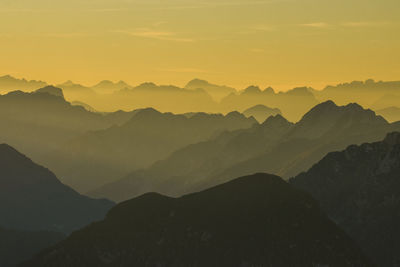 Scenic view of silhouette mountains against sky during sunset