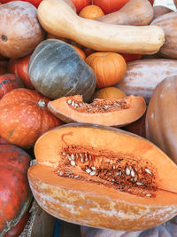 Pumpkins on the counter of the farmers' market. autumn harvest of pumpkins