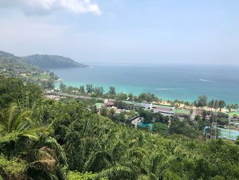 High angle view of sea and trees against sky