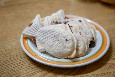 High angle view of breakfast in plate on table