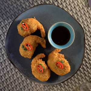 High angle view of breakfast on table