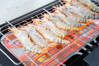 High angle view of shrimp on barbecue grill