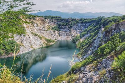 Scenic view of river amidst mountains against sky