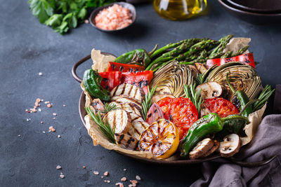 High angle view of food in bowl on table