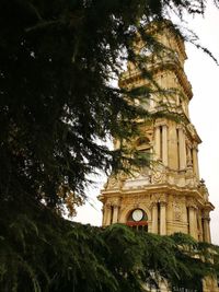 Low angle view of trees and building against sky