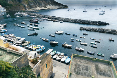 High angle view of boats moored in harbor