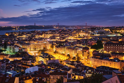 High angle view of townscape against sky at night