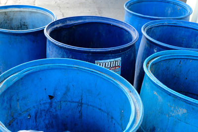 High angle view of blue container in market