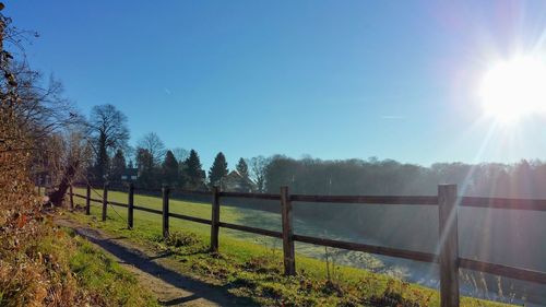 Fence by trees against clear sky