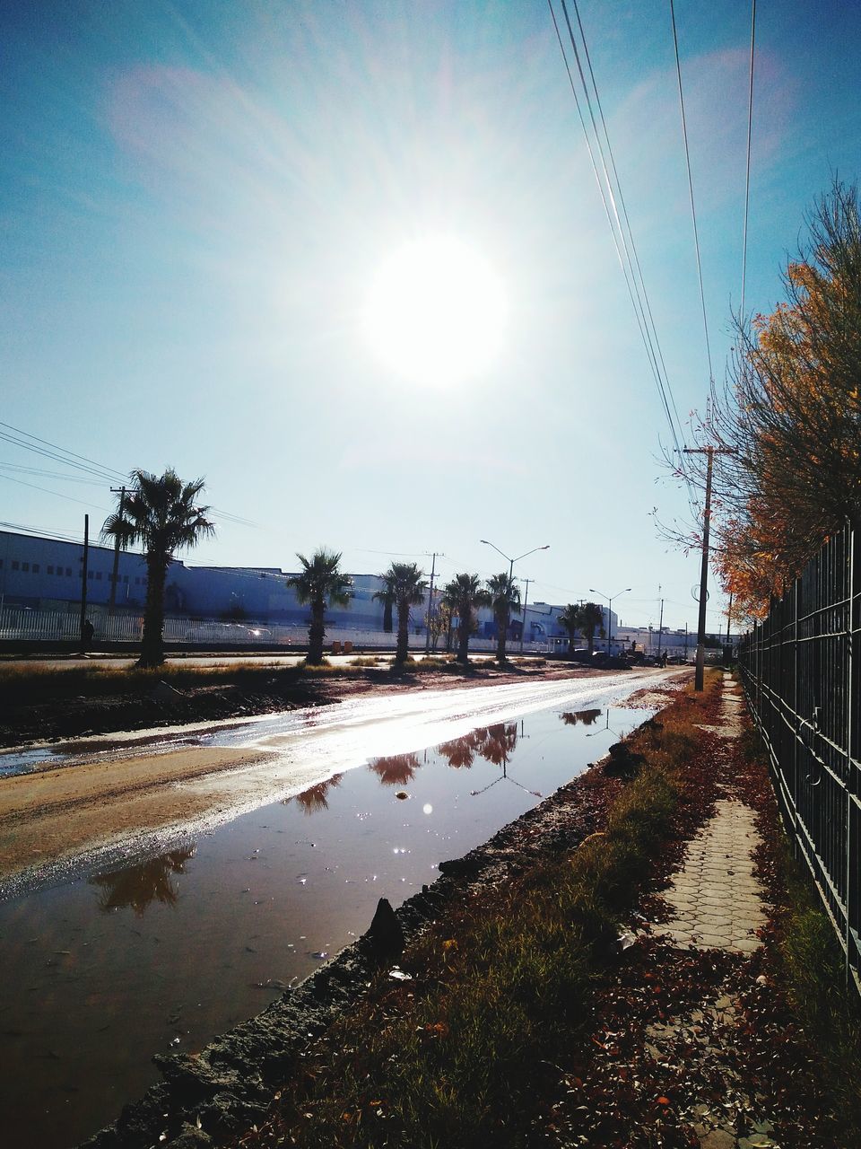 sun, sunlight, water, sunbeam, sky, clear sky, snow, nature, lens flare, winter, cold temperature, tranquility, transportation, tranquil scene, day, sunny, no people, electricity pylon, outdoors, power line