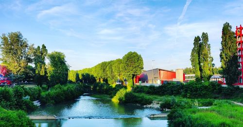 River amidst trees and buildings against sky