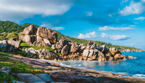 Rock formations by sea against sky