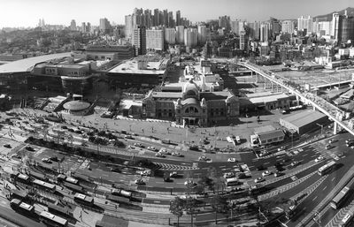 High angle view of street amidst buildings in city