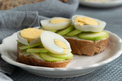 High angle view of breakfast in plate on table